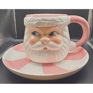 Sleigh Bell Bistro Santa Mug and Saucer Set Pink White Peppermint Holiday Decor‎